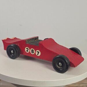 Vintage Pinewood Derby Race Car Wooden Handpainted Red Racer With Black Wheels &